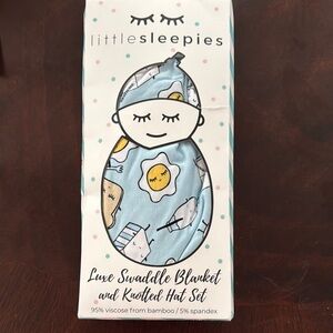 Little Sleepies Luxe Swaddle Blanket and Knotted Hat Set - Blue and White
